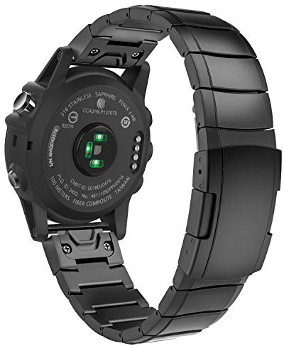 MoKo 26mm Armband Kompatibel mit Fenix 3/3 HR/5X/5X Plus/6X/6X Pro/Quatix 6X/Enduro/Descent Mk2i/Mk2/Mk1/Tactix Bravo/Charlie/Delta, Quick Fit Edelstahl Uhr Ersatzband Wechselarmband, Schwarz