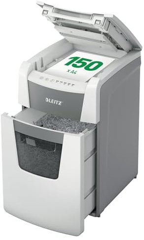 Leitz IQ Autofeed Office Aktenvernichter, 150 Blatt Papierstapel schreddern, Zeit sparen mit automatischem Einzug, Mikroschnitt P5, 44L Abfallbehälter, Leiser Betrieb für Büro, 80140000