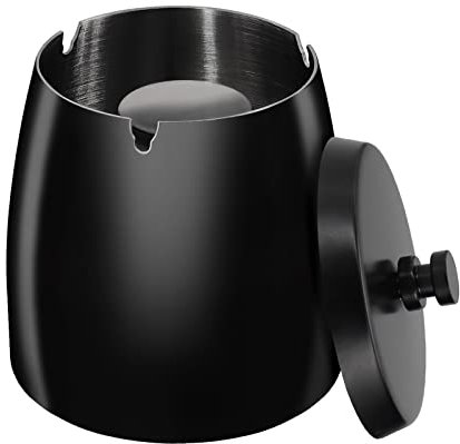HONZUEN Cendrier Noir Exterieur Interieur Ashtray Black Outdoor Incassable Metal, Beau Cendriers en Acier Inox Coupe-vent avec Couvercle Anti Odeur pour Jardin Balcon Maison Restaurant, Moyen