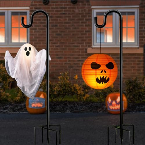 Garden Schäferhaken, 2 Stücke 96cm Metall-Gartenstecker mit Heavy Duty Rust Resistant Haken mit 5 Prong Base Shepherds Crook Hook für Solarleuchten, Pflanzenkörbe, Laternen, Halloween Deko
