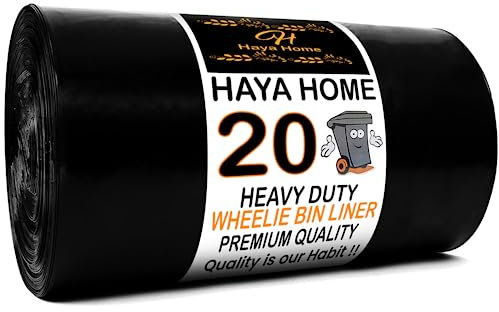 Haya Home 20 Heavy Duty Wheelie Bin Liners 240 Litre Large Refuse Sacks Wheelie Bin Bags For Garden Kitchen House Office Caterers Rubbish made from 100% Waste Recycled Material