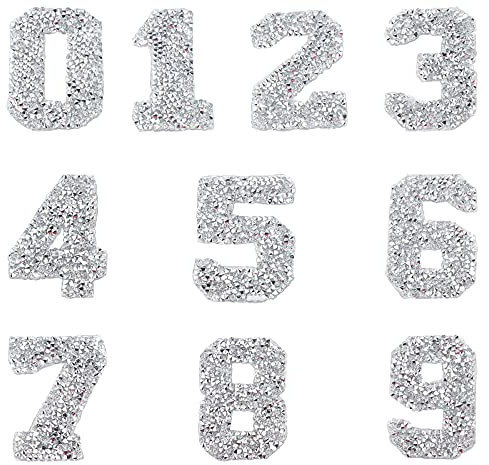 GORGECRAFT Glitter Rhinestone Number Stickers 0-9 Numbers 2.7 Inch High Self-Adhesive Sticker Iron-on Word Stickers for Cars Arts Crafts Clothing DIY Decoration (Silver)