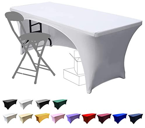 Dololoo Elasthan Tischdecke 183cm x 75cm Tischhussen, 6ft Polyester Rechteckige Tischdecke mit offenem Rücken Dehnbare Tischdecke, Hochzeit, Party, Küche, Dekoration- Weiß