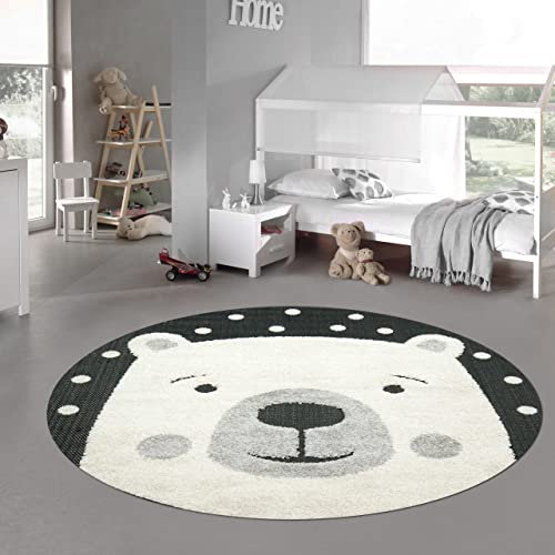 Teppich-Traum Kinderzimmer Teppich Baby Spielteppich 3D Optik High Low Effekt Eisbär Creme grau schwarz, 160 cm rund
