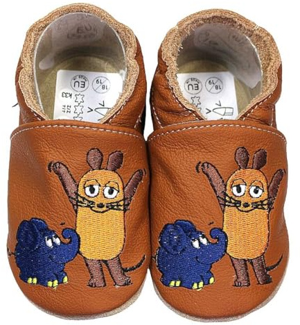 HOBEA-Germany Krabbelschuhe Unisex, Die Maus, Lederschuhe (Maus mit Elefant braun, 18/19)