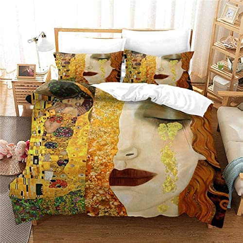 Bettwäsche 200X200 Klimt Ölgemälde Küssend:Bettwäsche-Set Mikrofaser 2Teilig - Bettbezug Winter Bettwäsche-Sets Mit 80X80 cm Kissenbezug Einzelbett Mit Reißverschluss220X230cm