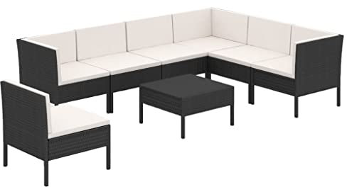 vidaXL Gartenmöbel 8-TLG. mit Auflagen Sitzgruppe Sofa Lounge Garten Garnitur Gartenset Gartensofa Ecksofa Mittelsofa Fußhocker Tisch Poly Rattan Schwarz