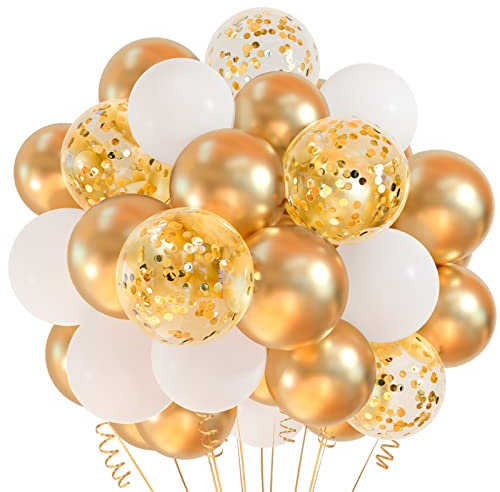 CHRORINE 50 Stück Gold Weiß Luftballons 30,5 cm Metallic Gold Konfetti Ballons mit Bändern für Geburtstag Braut Baby Shower Hochzeit Jahrestag Party Dekor