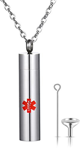 JewelryWe Schmuck Halskette Herren Damen Edelstahl Medical Alert Notfall Kapsel Zylinder Asche Urne Anhänger mit 55cm Kette Personalisierte Medizinische Marke