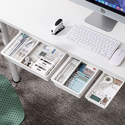 Jucoan 3 Pack Self-Adhesive Under Desk Drawer, Hidden Pencil Tray, Attachable Desktop Organizer for Office School Home, White