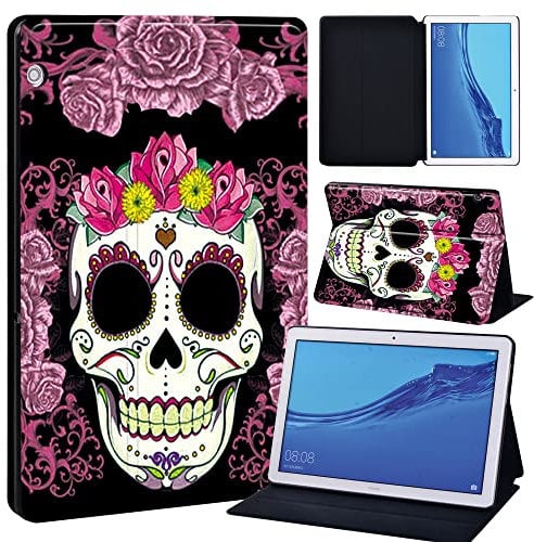 FINDING CASE For Huawei MediaPad T5 10 10.1 Inch Tablet - Printed PU Flip Leather Smart Lightweight Shell Stand Cover Case for MediaPad T5 10 10.1 (purple skull)
