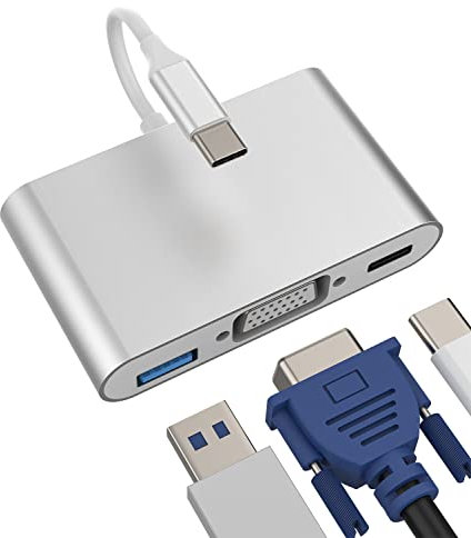 USB C to VGA+USB-A+Type-C Adapter(3in1) Apple IPhone15 ProMax Ipad Thunderbolt Charger 3.0 OTG Cable for TV Splitter Digital AV Port Converter Projector Monitor Screen Mouse Macbook Pro Connector Cord