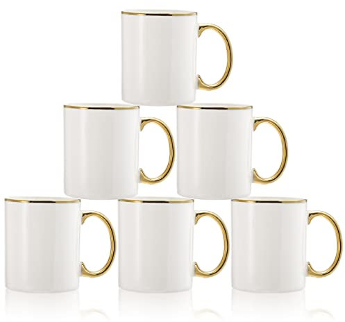 Fasmov 6 Pack Coffee Mugs, 11oz Ceramic Mug set Ceramic Cups for Coffee, latte, Cappuccino, Tea, Cocoa, Cereal, Hot Chocolate, Dishwasher Safe, White/Gold