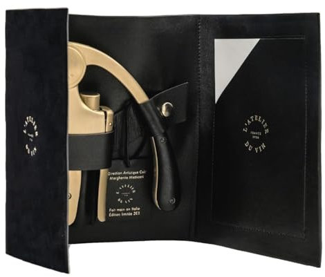 L'atelier Du Vin Oeno Motion Gold Nomad Hebel-Korkenzieher, Geschenk-Set – Luxuriöser Sommelier-Weinflaschenöffner mit hochwertigem schwarzem Lederetui für Weinprobierzubehör, emblematischer