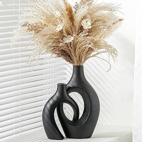 Levvohd Matte Schwarze Keramikvase 2er Set für Moderne Wohnkultur, Neutrale Boho Runde Donut Pampasgras Vasen, Nordische Ästhetische Blumenvase, für Wohnzimmer Couchtisch Kamin Buchstil Regal