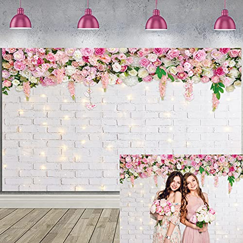 Flower Wall Backdrop Glitter White Brick Wall Flowers Photography Background Wedding Bridal Baby Shower Birthday Party Decor Portrait Photo Props (8X6FT)