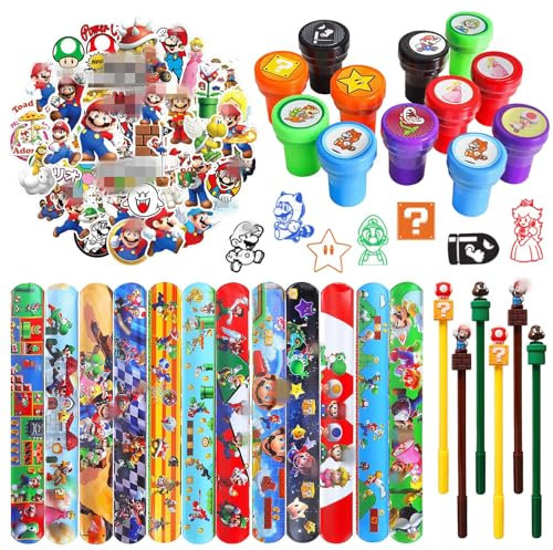 Super Mario Party Mitgebsel Kindergeburtstag, 12Pcs Ma-rio Slap Armbänder Clap Bracelets+12Pcs Ma-rio Stempel Kinder+50Pcs Ma-rio Aufkleber+6Pcs Ma-rio Gel-Tintenstifte Mitgebsel Deko für Kinder