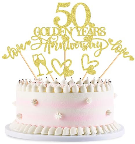 Blumomon 25Pcs 50th Wedding Anniversary Cake Toppers Gold Glitter 50th Golden Wedding Anniversary Heart Cake Decoration for Celebration 50 Golden Wedding Party Supplies