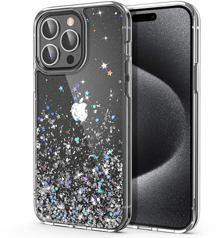ULAK Glitzer Hülle für iPhone 15 Pro, Sparkle Sterne Glitter TPU Stoßfest Handyhülle Durchsichtig Bling Schutzhülle Phone Case Cover für iPhone 15 Pro 6,1 Zoll - Silber Glitzer