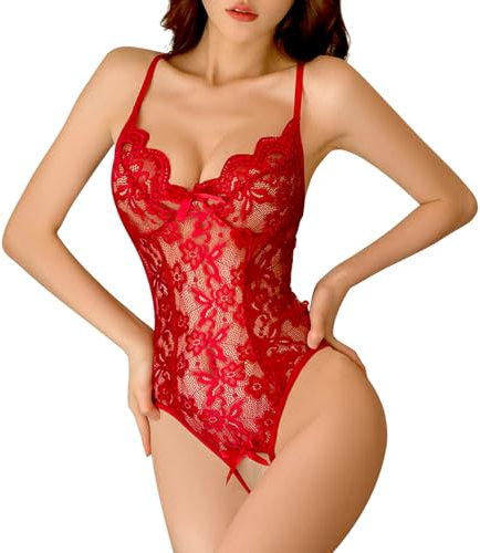 Satohom Bodys Femme Ensembles Lingerie One-Piece Dentelle Badysuit Hot Crotch V-Cou Dentelle avec Nuisettes Vilain Négligé Body Teddy Babydoll Ouverte Le Dos sous-Vêtements Taille Unique