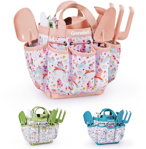 Kids Gardening Tool Set - Sturdy Metal & Wooden Tools for Ages 3-12 with Shovel, Rake, Watering Can, Gloves, Waterproof Apron & Tool Bag - Outdoor Educational Gift Toys for Boys Girls (Pink)