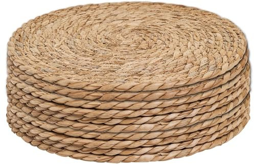 6Pcs 12 Round Woven Rattan Placemats,Natural Hand-Woven Water Hyacinth Placemats,Farmhouse Weave Place Mats,Rustic Braided Wicker Table Mats (12inch Set of 6)