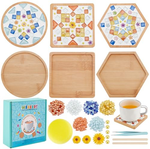 WEBEEDY Geometric Mosaic Coasters Kit DIY Mosaic Making Crafts Handmade Mosaic Coasters Wooden Mosaic Base with Instruction,Mosaic Tiles Craft for Adults Beginner Tabletop Protection Decor Accessory