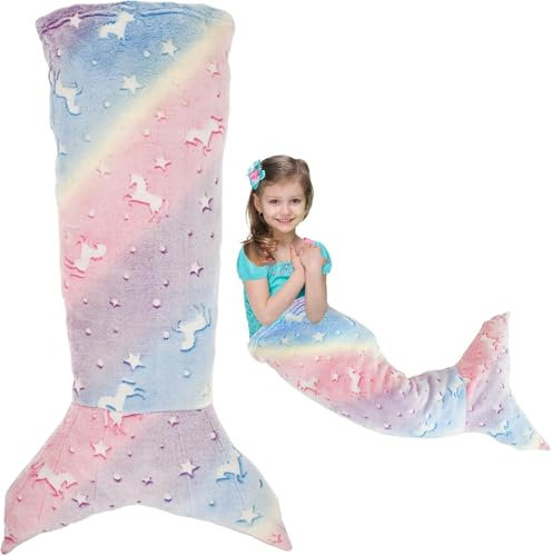 100x50cm Kids Mermaid Tail Blanket Luminous Mermaid Blanket Colorful Ombre Snuggle Blankets Flannel Soft Sofa Blankets Mermaid Sleeping Bag with Double Stitching for Girls 3 to 6 Years (pink purple)
