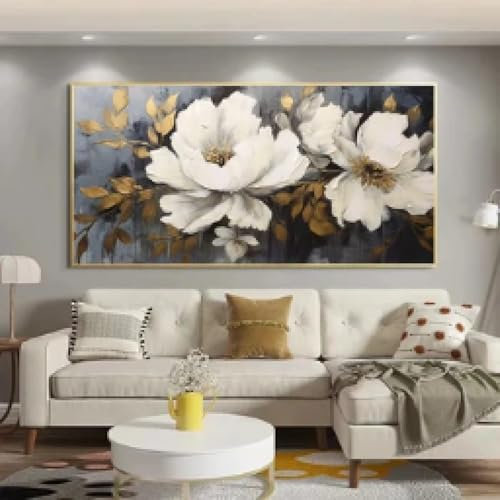 Peinture de fleurs blanches sur toile Fleur de luxe Grande toile Art mural Impressions abstraites Art floral Porche Salon Décor 100x180cm/39x71in Sans cadre