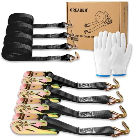 Ratchet Straps (4-Pack), with 1x Work Gloves, 1000kg Break Strength, 5m x 2.5cm Heavy Duty Tie Down Strap Set with Metal Hooks for Trucks,Moving,Motorcycles,Trailer,Cargo (Black)