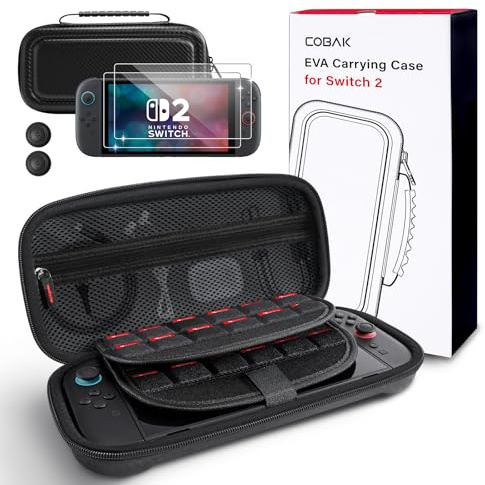 CoBak Tragetasche für Nintendo Switch 2 (2025), Carbon Schwarz | Großer Stauraum, 3-in-1 Set mit zwei Schutzgläsern und Daumengriffen, robuste Hartschale zur sicheren Aufbewahrung auf Reisen