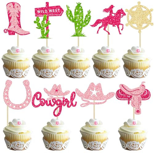 Gyufise 36Pcs Cowgirl Cupcake Toppers Glitter Western Cupcake Decorations HorseShoe Cowgirl Hats Boots Cupcake Picks for Western Baby Shower Girls Birthday Party Cake Decorations Pink