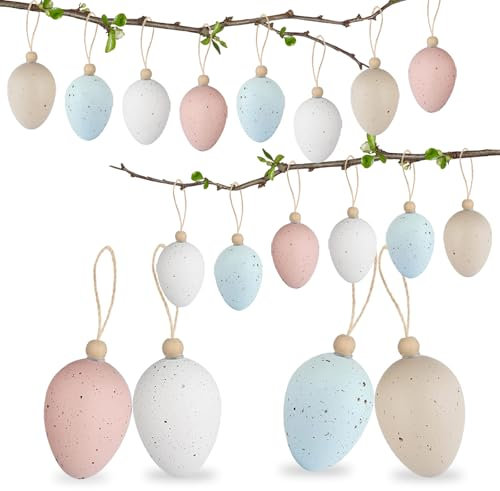 16 Stück Ostereier zum Aufhängen, Ostereier Deko mit Seil, Osterdeko, Ostereier Plastik - 4 Stile, 6 cm, Weiche Farben, Robust und Langlebig für Perfekte Ostern Dekorationen im drinnen und draußen