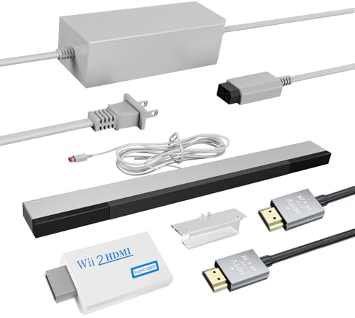 LA NREUCETS 4 en 1 Wii Wired Motion Sensor Bar, Wii to HDMI Convertisseur, Wii Power Cord AC Adapter, 4,92FT High Speed HDMI Câble Compatible avec Nintendo Wii (Not for Wii U)