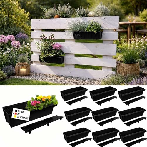 BURI 10 inserti per fioriere per pallet europei con sottovaso incluso | con sistema di sospensione per appendere | 37,3 cm Nero | Fioriera per pallet europeo | Vaso da balcone | Vaso per fiori |