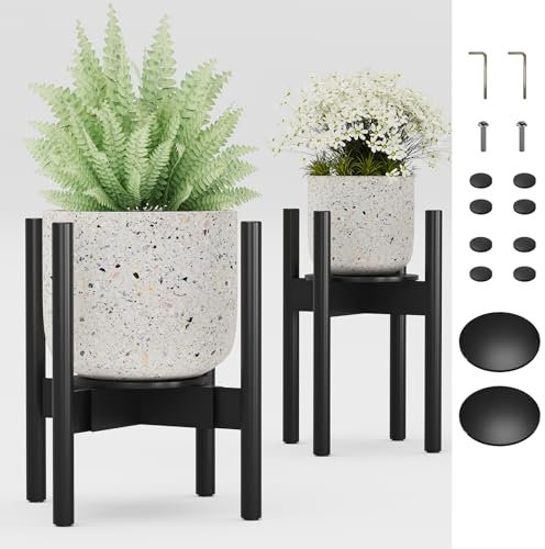 Semiocthome Adjustable Bamboo Plant Stand Indoor with Removable Tray, Wooden Flower Stand, Pot Holders Fits 20cm to 30cm Pots, Indoor Plant Stands for Living Room, Bedroom, Kitchen, 2 Pack - Black