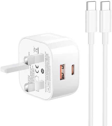 iPhone 15 16 Fast Charger, 20W Dual Port USB Fast Charger Plug and 2M Type C Cable, USB C Plug for iPhone 16/16 Pro/16 Pro Max/15/15 Pro Max/i-Pad, Macbook/AirPods, USB C Plug UK Power Adapter