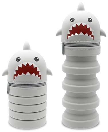 Veftsvy Federmäppchen, 2-in-1 Silikon Federmäppchen, Teleskopisc Reißverschluss Silikon Federmappe mit Teißverschluss, Cartoon Stifthalter für Jungen und Mädchen (Squali)