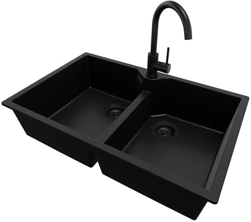 PRIMAGRAN Lavandino da Cucina Tutto Nero 78x50cm, Lavello in Granito a 2 vasche + Rubinetto 32x20cm + Sifone Classico, Lavabo Incasso al mobile 80cm - Madrid Twin S010