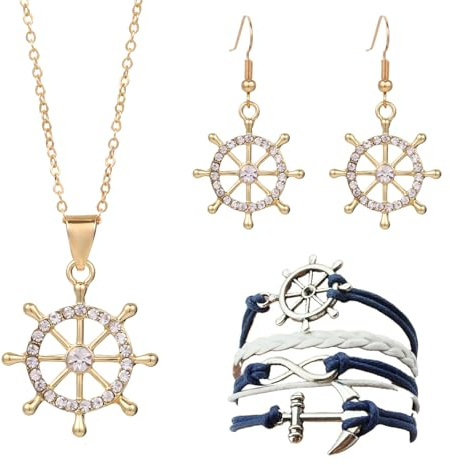 JDRGJTH 3 PCS Nautical Themed Jewelry Set Rudder Compass Necklace and Earrings Nautical Anchor Handmade Navy White Anchor Braided Multiple Layers Bracelet for Women Fashion Jewelry