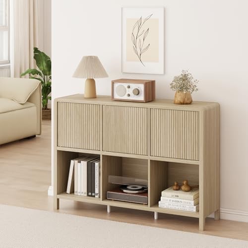 [en.casa] Sideboard Lukkodso Wohnzimmerschrank mit 3 Türen Push-to-Open Kommode mit 6 Fächern 77 x 110 x 30 cm Eicheoptik