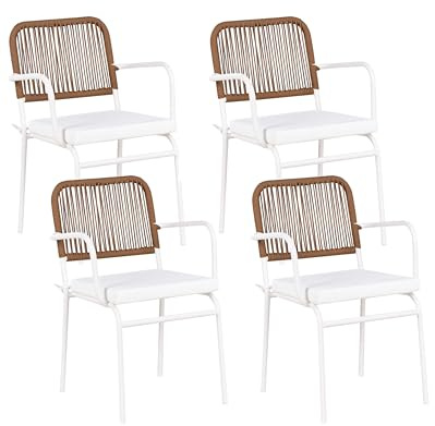 Beliani Set of 4 Garden Chairs Metal Aluminium Stackable Powder Coated Finish Outdoor with Extra Cushions White and Brown Taceno