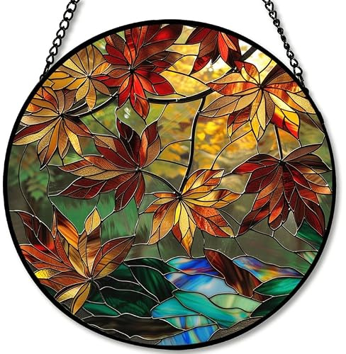 Autumn Leaves Stained Glass Window Hanging Panel – Nature Fall Suncatcher Wall Art for Home Window Decor and Gift