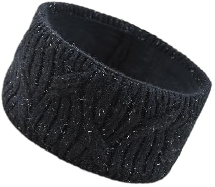 Fleece Lined Knitted Headband Ear Warmer Winter Warm Thick Hairband Elastic Crochet Thermal Hair Wrap for Women (Black)