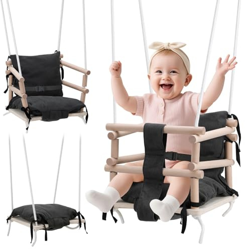 Ollewiellan Babyschaukel Indoor & Kinderschaukel Outdoor 3-in-1 aus Holz, Höhenverstellbar (160-260cm) mit Abnehmbarem Kissen, Für Garten, Tragkraft 50kg, Ab 12 Monaten(Grau)