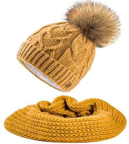 MFAZ Morefaz Ltd Set Mütze & Schal Damen Winter Beanie Wurm Strickmütze Mohair Wolle Flechte Fleece Bommel Pom Pom (Mustard Mütze & Schal)