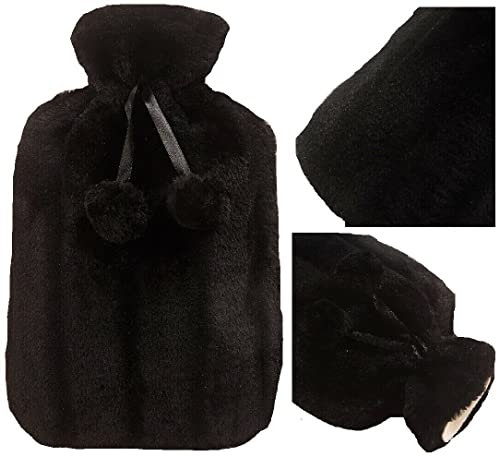 RHP Wärmflasche mit Super Soft Luxury Plüschbezug Kunstfell 2L Wärmflasche mit Bezug Naturgummi Wärmekissen Flasche Weich Warm Geschenk (Schwarz)