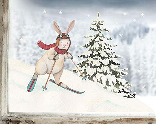 TinyFoxes Fensterbild Ski-Hase - selbstklebend und wiederverwendbar - Fensterbild für den Winter - handgezeichnet von Kristin Franke