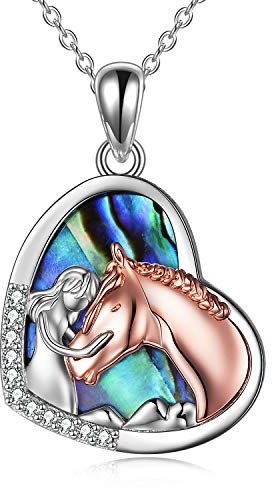 YFN Mädchen und Pferd Halskette für Mädchen Sterling Silber Pferdeschmuck Pferd Geschenke für Frauen (Rose Horse Halskette mit Abalone Shell)