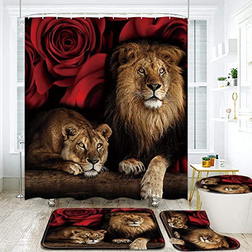 jieprom Lot de 4 rideaux de douche durables avec tapis, housse d'abattant de toilette et tapis de bain, rideau de douche rouge avec 12 crochets, ensemble de décoration de salle de bain durable
